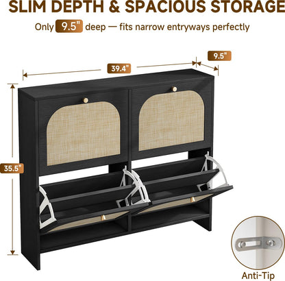 Shoe Cabinet for Entryway with 4 Flip Drawers, 9.5" Slim Wooden Shoe Storage Cabinet Fits Size 12+