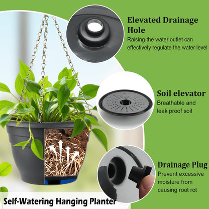 Hanging Planters 10 Inch, 4 Pcs Flower Pots with Drainage Hole, Self Watering Hanging Basket for