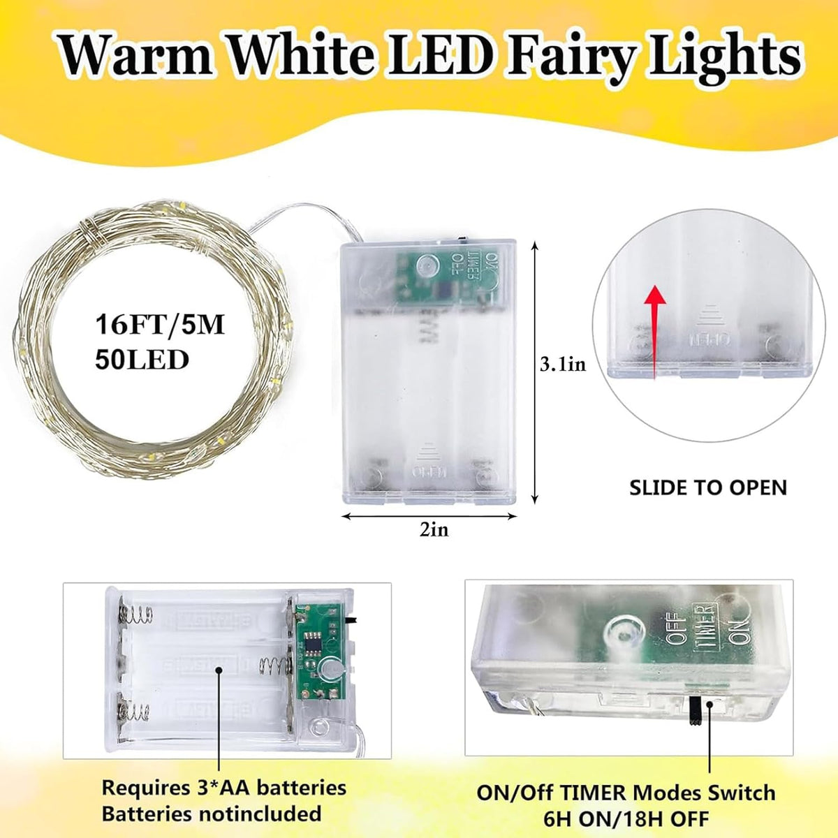 4-Pack Fairy Lights Battery Operated with Timer, Waterproof 16FT 50 LED String Lights Indoor