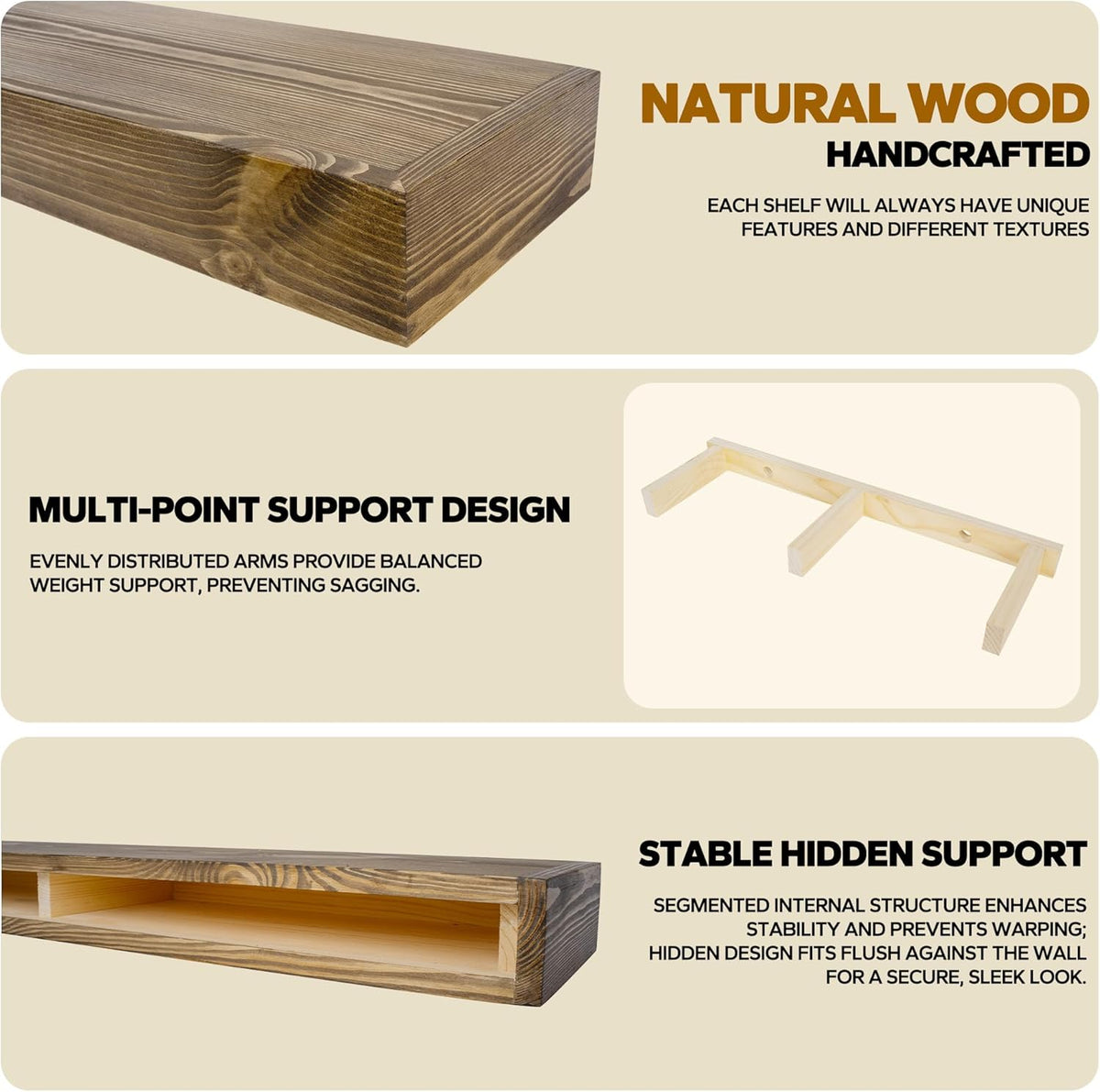 Floating Shelves 24 inch for Wall Set of 2,3 inch Thick Pine Wood Wall Mount Shelf for Kitchen