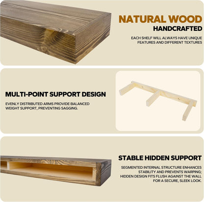 Floating Shelves 24 inch for Wall Set of 2,3 inch Thick Pine Wood Wall Mount Shelf for Kitchen