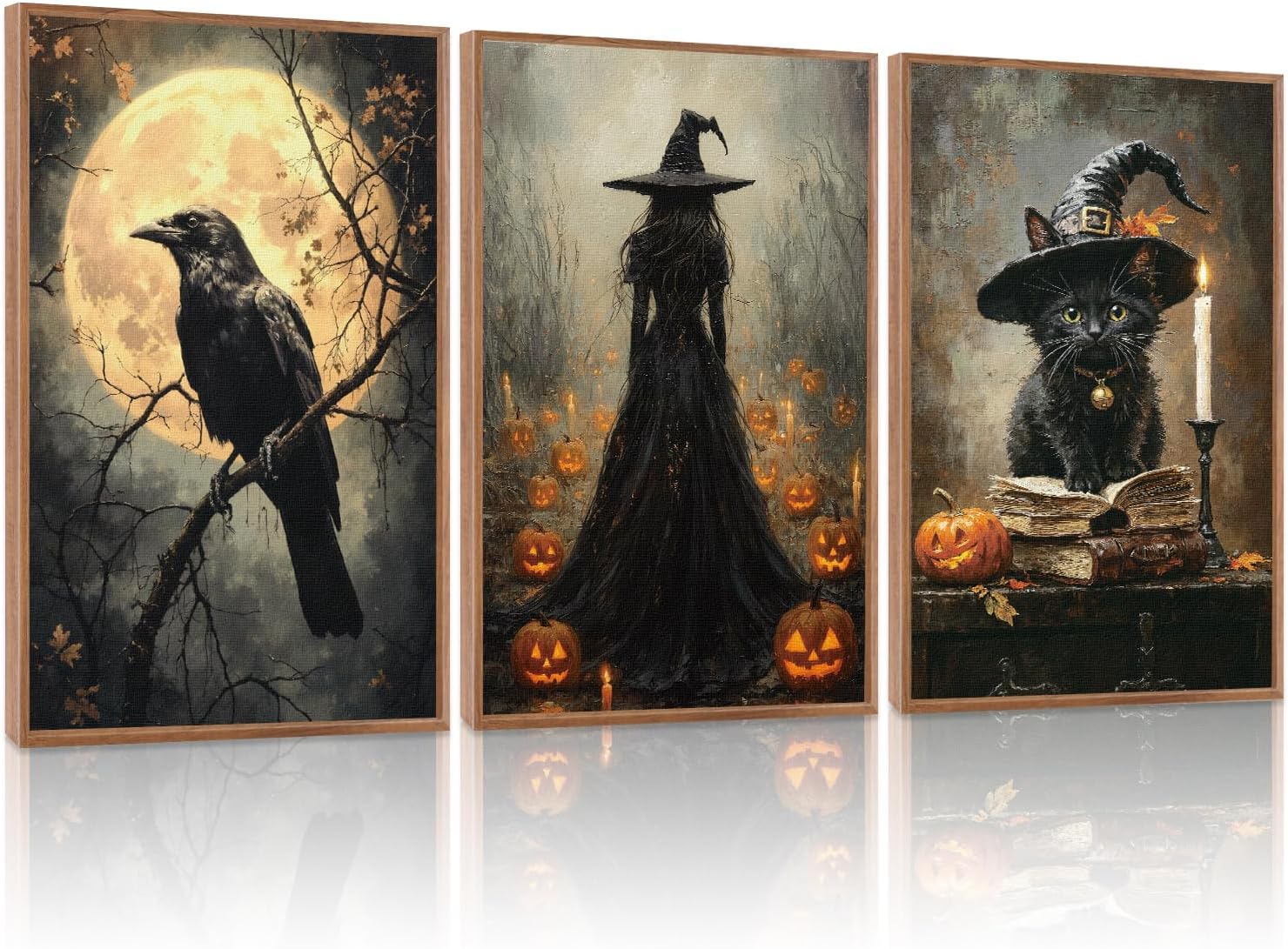 KAIRNE Framed Halloween Canvas Wall Art,Dark Witch Crow Prints,Black Cat Painting,Horror Gothic