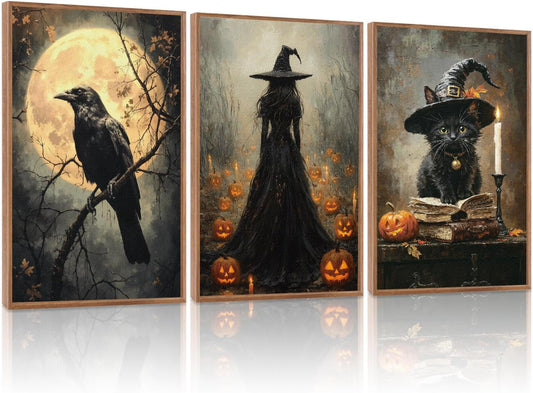 KAIRNE Framed Halloween Canvas Wall Art,Dark Witch Crow Prints,Black Cat Painting,Horror Gothic