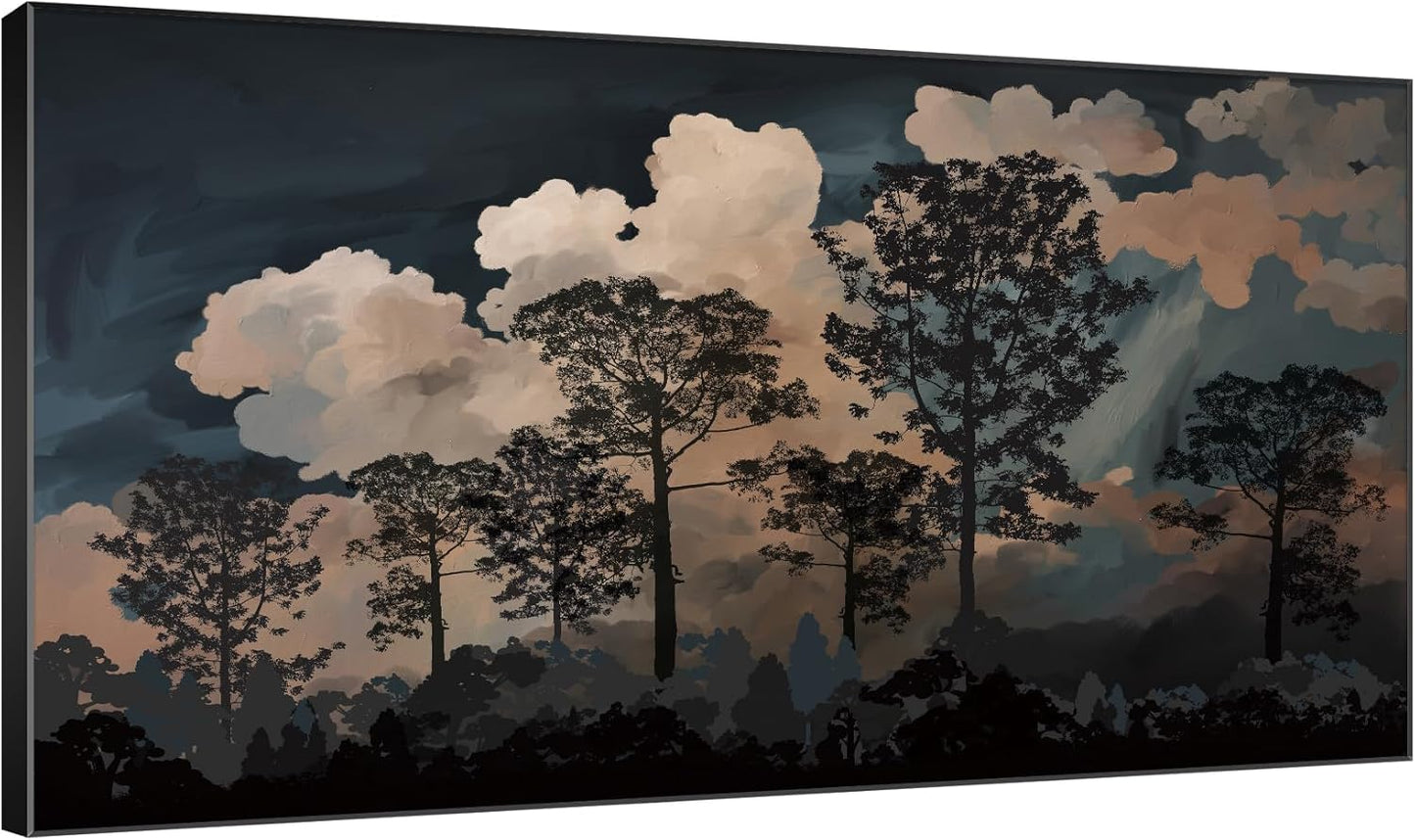 SIGNWIN 30"x60" Extra Large Framed Wall Art Silhouetted Trees at Dusk, Dramatic Forest and