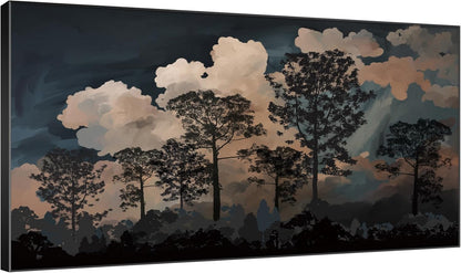 SIGNWIN 30"x60" Extra Large Framed Wall Art Silhouetted Trees at Dusk, Dramatic Forest and