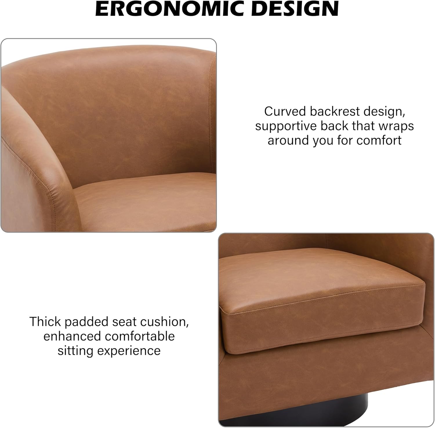 Swivel Barrel Accent Chair, Modern Round Faux Leather Arm Chair for Living Room, Bedroom, Comfy