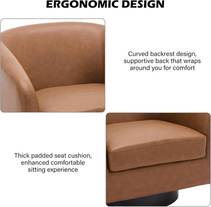 Swivel Barrel Accent Chair, Modern Round Faux Leather Arm Chair for Living Room, Bedroom, Comfy