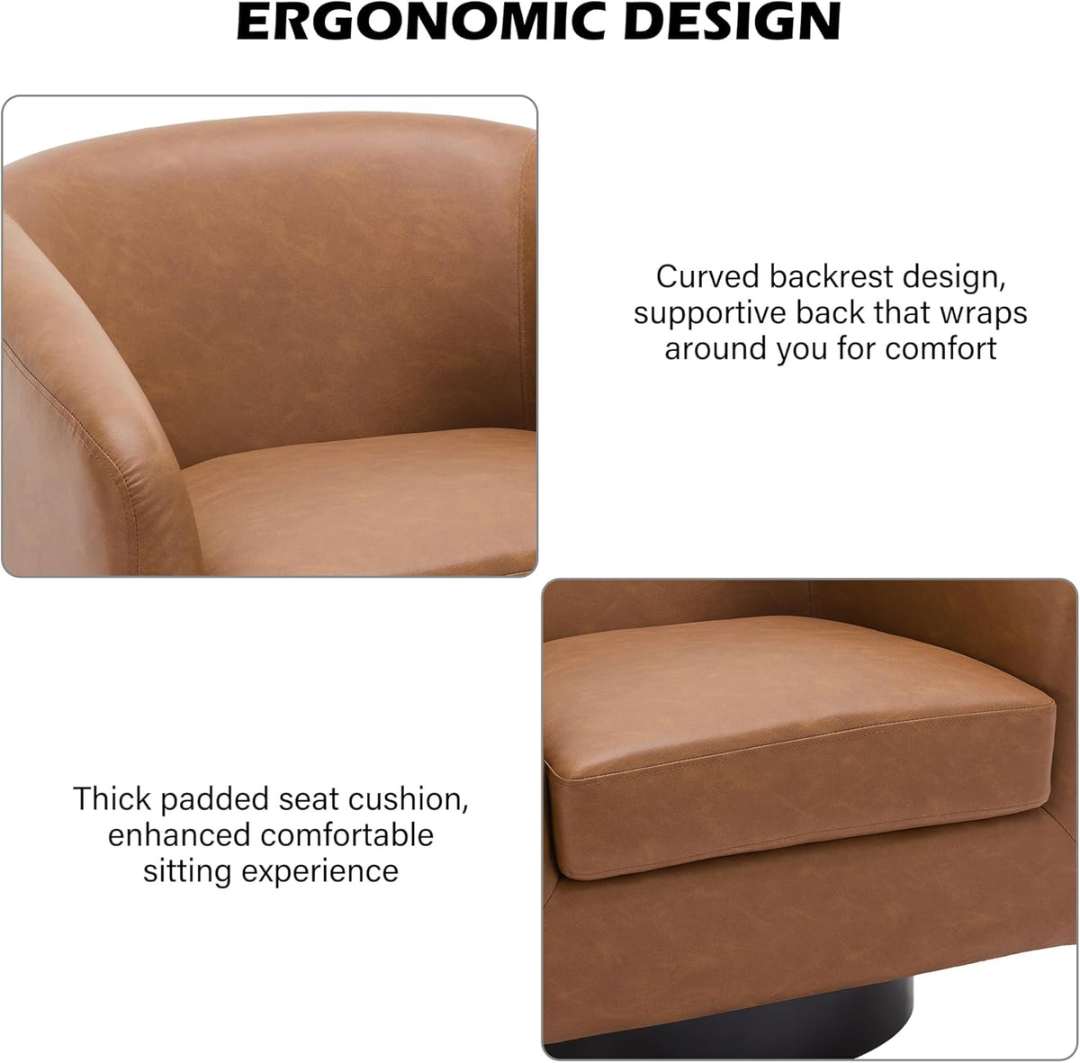 Swivel Barrel Accent Chair, Modern Round Faux Leather Arm Chair for Living Room, Bedroom, Comfy