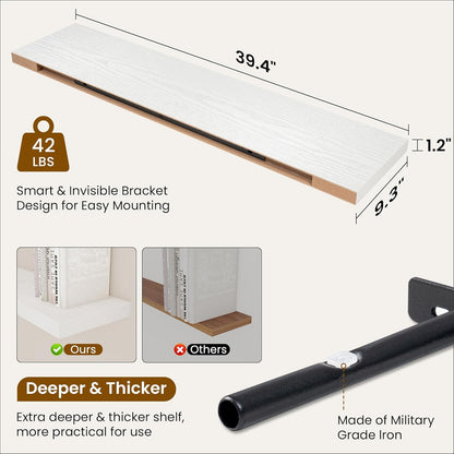 Fun Memories 40" Rustic Wood Floating Shelves with Invisible Brackets for Storage & Decor, Deep