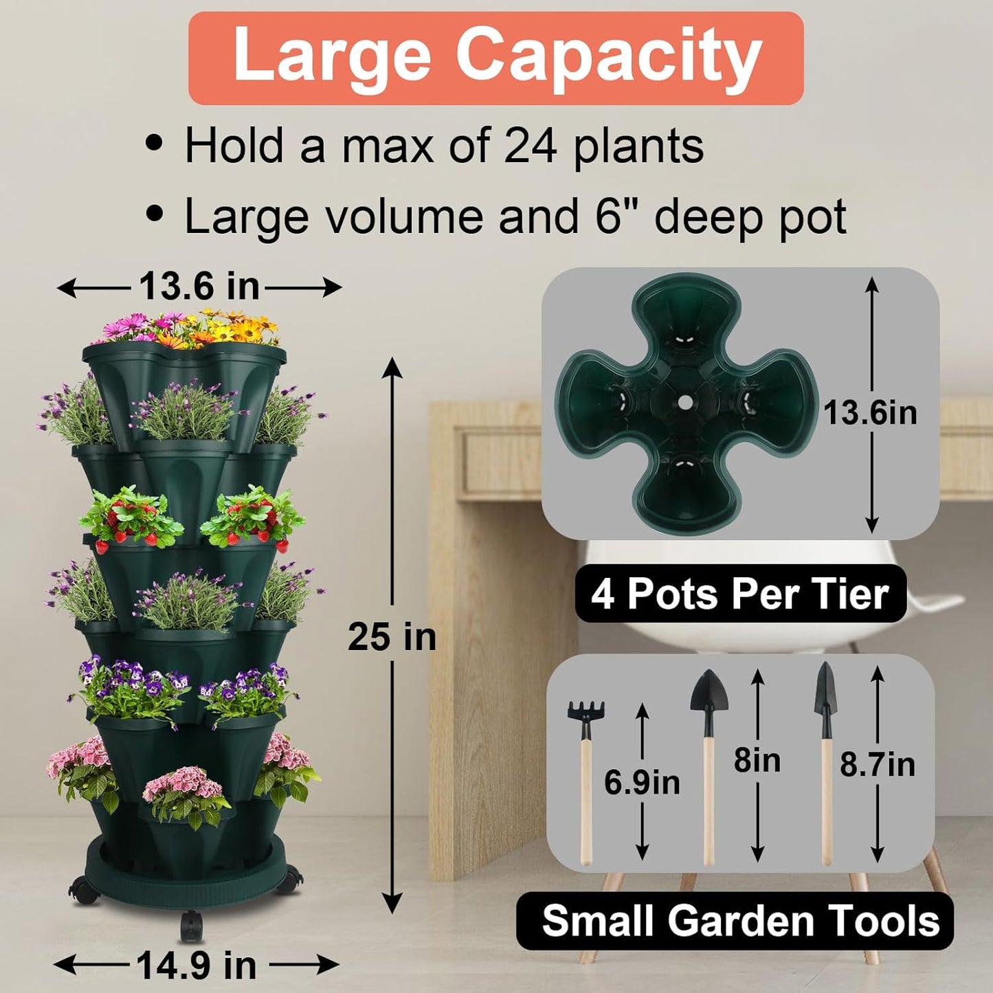 DUNCHATY Stackable Planter, Vertical Garden Planter with Wheels and Tools, Self Watering Strawberry