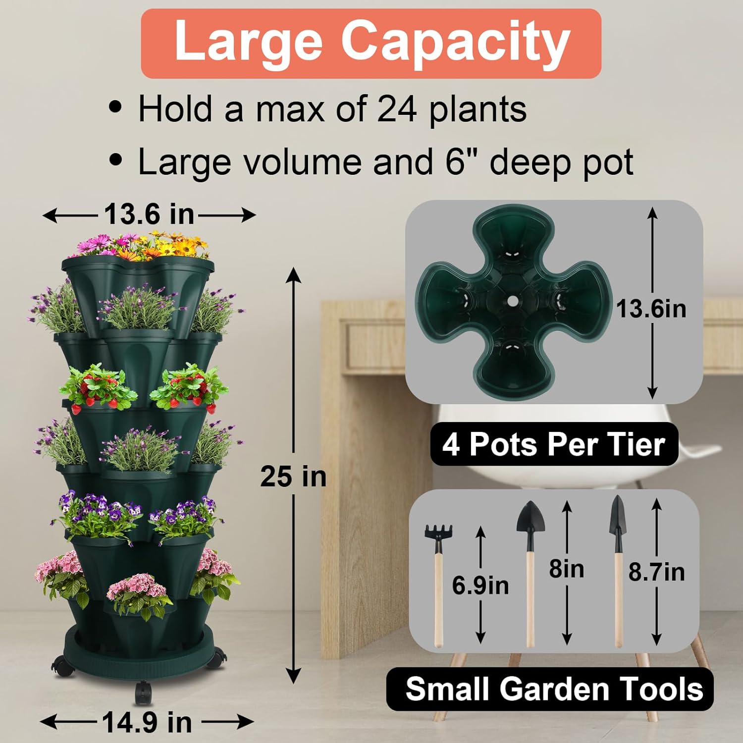 DUNCHATY Stackable Planter, Vertical Garden Planter with Wheels and Tools, Self Watering Strawberry