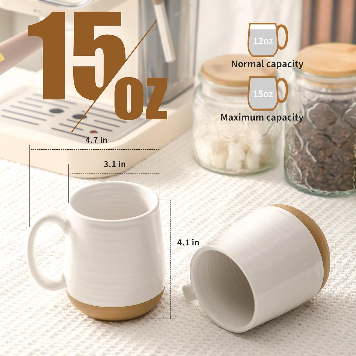 Hasense Porcelain Coffee Mugs Set of 6, 15 Ounce Large Ceramic Coffee Cups Set with Handle for