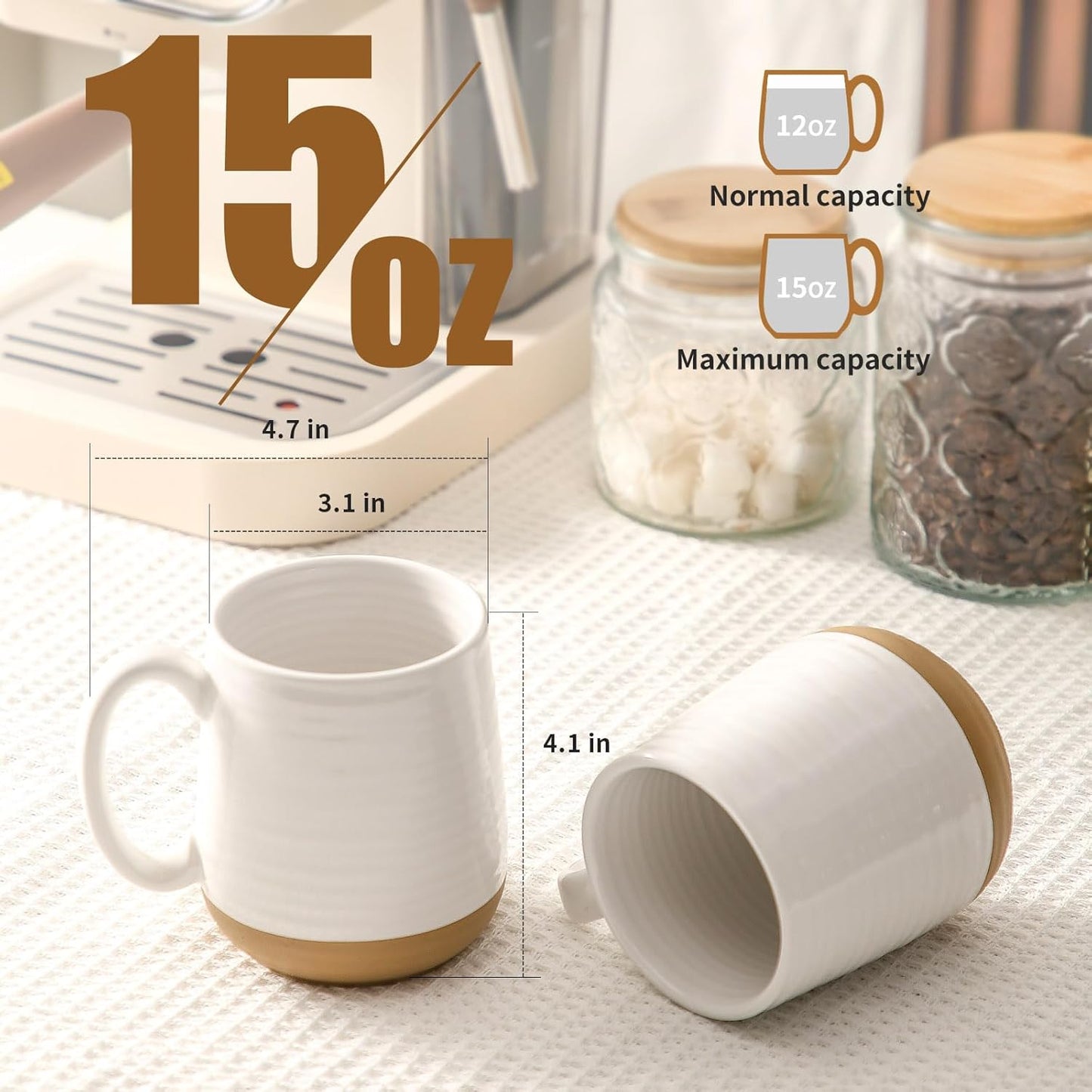 Hasense Coffee Mugs Set of 4, 15 oz Ceramic Coffee Cups with Comfortable Handle, Large Tea Cups for