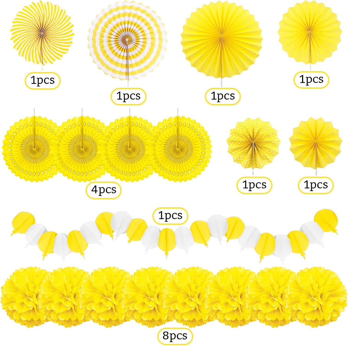 Yellow Party Decorations, Papar Fans Pompoms Fans Garlands for Birthday Bridal Baby Shower Wedding