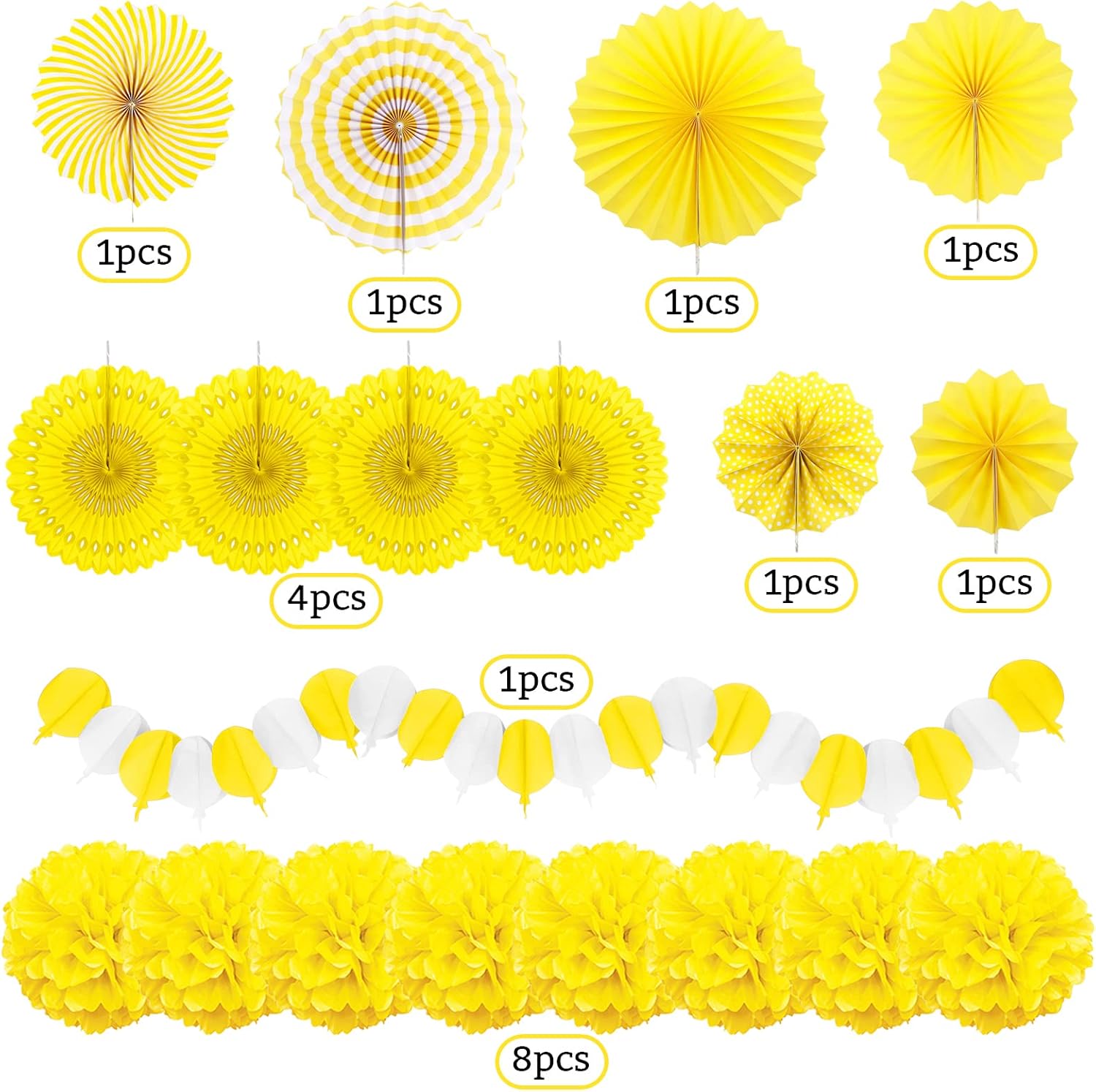 Yellow Party Decorations, Papar Fans Pompoms Fans Garlands for Birthday Bridal Baby Shower Wedding