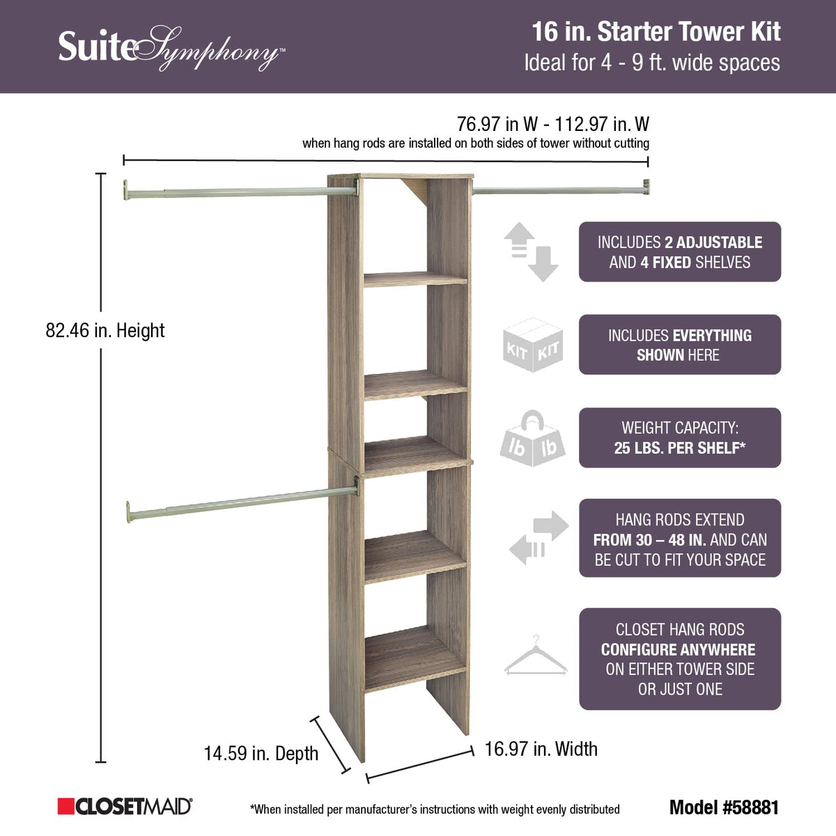 ClosetMaid SuiteSymphony Wood Closet Organizer Starter Kit with Tower and 3 Hang Rods, Shelves