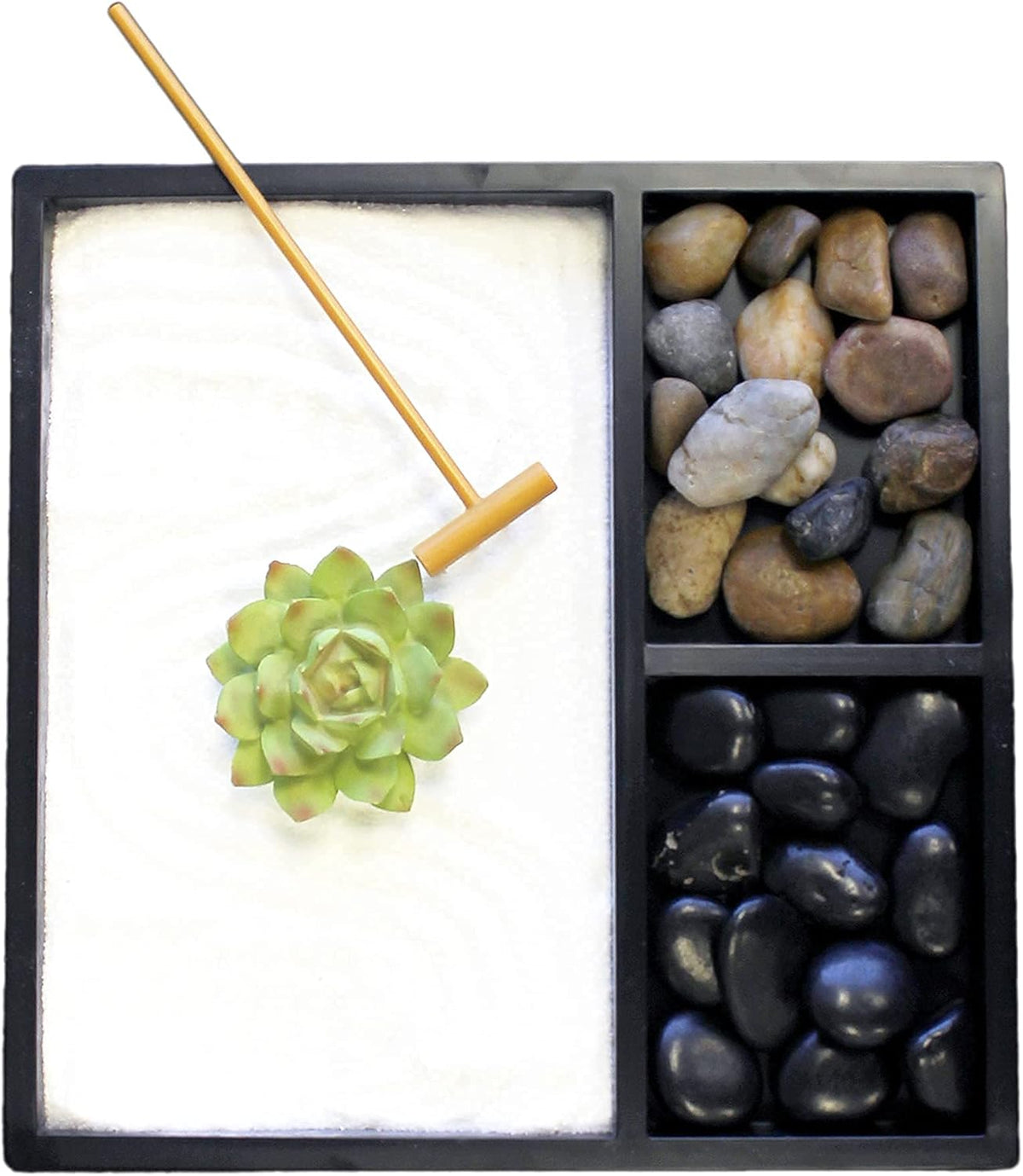 Nature's Mark Mini Zen Garden Kit for Desk with Rake, White Sand, Lotus Figure, 3 Sections Black