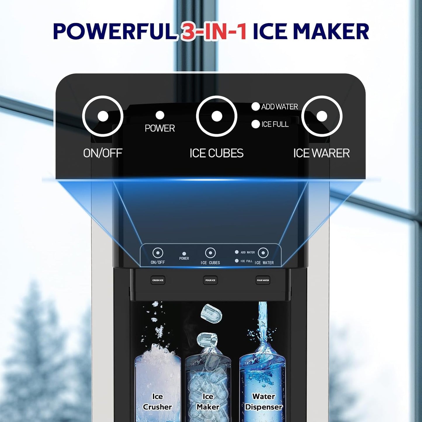 3 in 1 Water Dispenser with Ice Maker, Nugget Ice Maker Countertop, Bullet Ice, Crushed Ice, Water