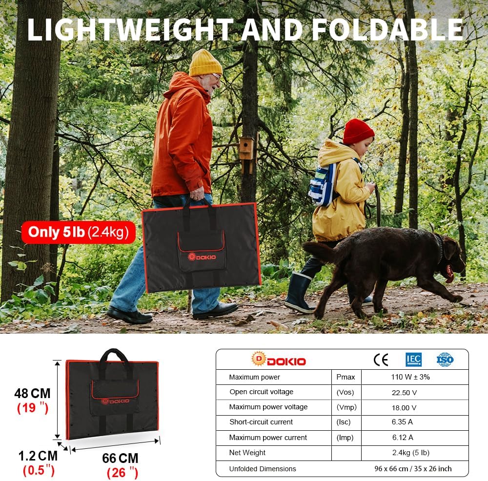 DOKIO 100W Portable Foldable Solar Panel Kit, Compact 21x28in Design 5.9lb with Standalone