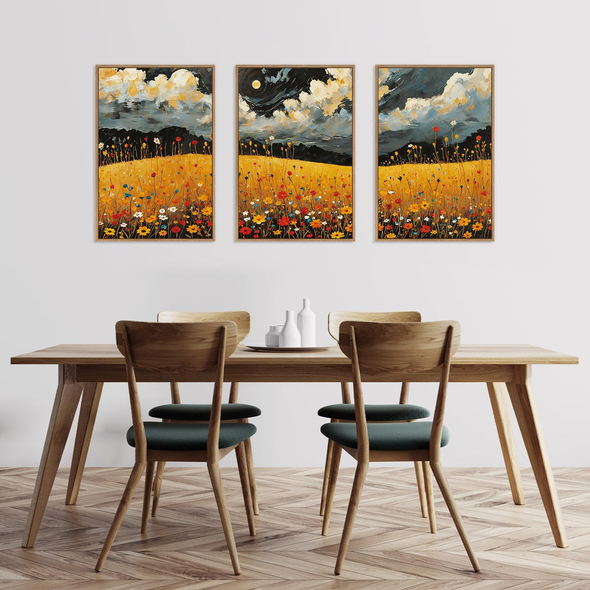 HLNIUC Mystical Moonlight Framed Wall Art Set,Night Moon Wildflower Canvas Wall Decor,Full Moon