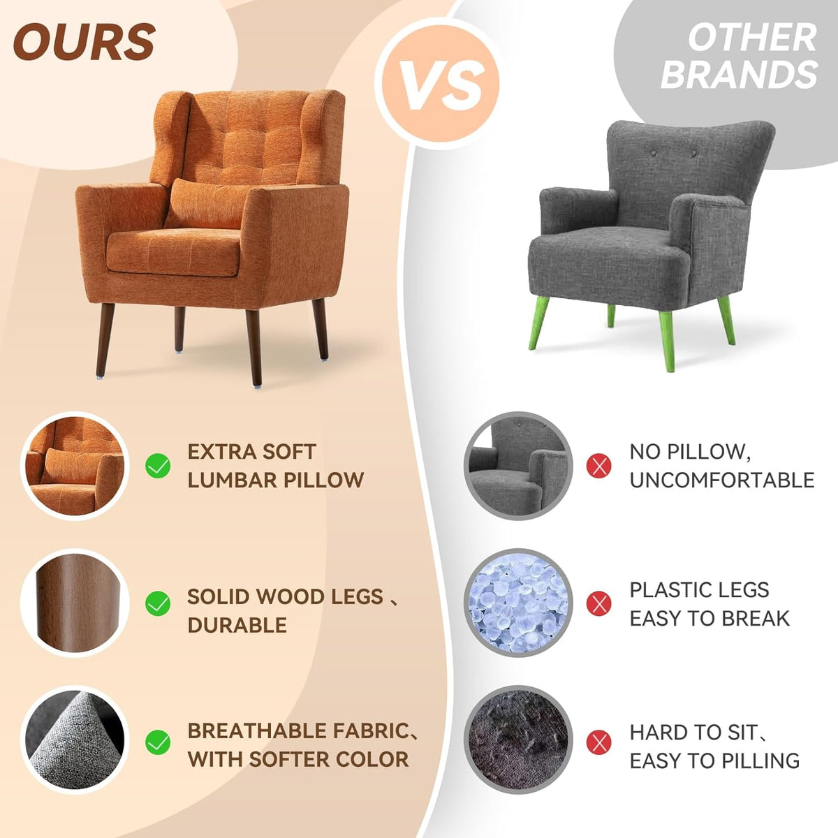 Accent Chair Set of 2, Upholstered Armchair with Pillow, Fabric Single Sofa Chair with Lounge Seat