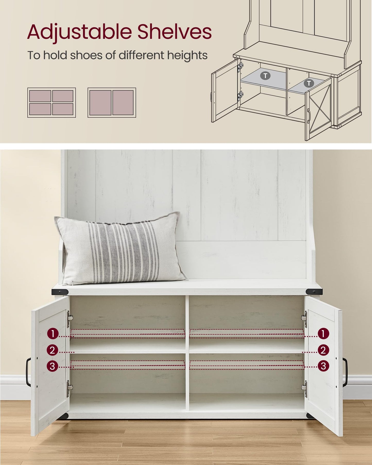VASAGLE Hall Tree with Bench and Shoe Storage, Coat Rack with Shoe Bench, Shoe Cabinet, 2 Open