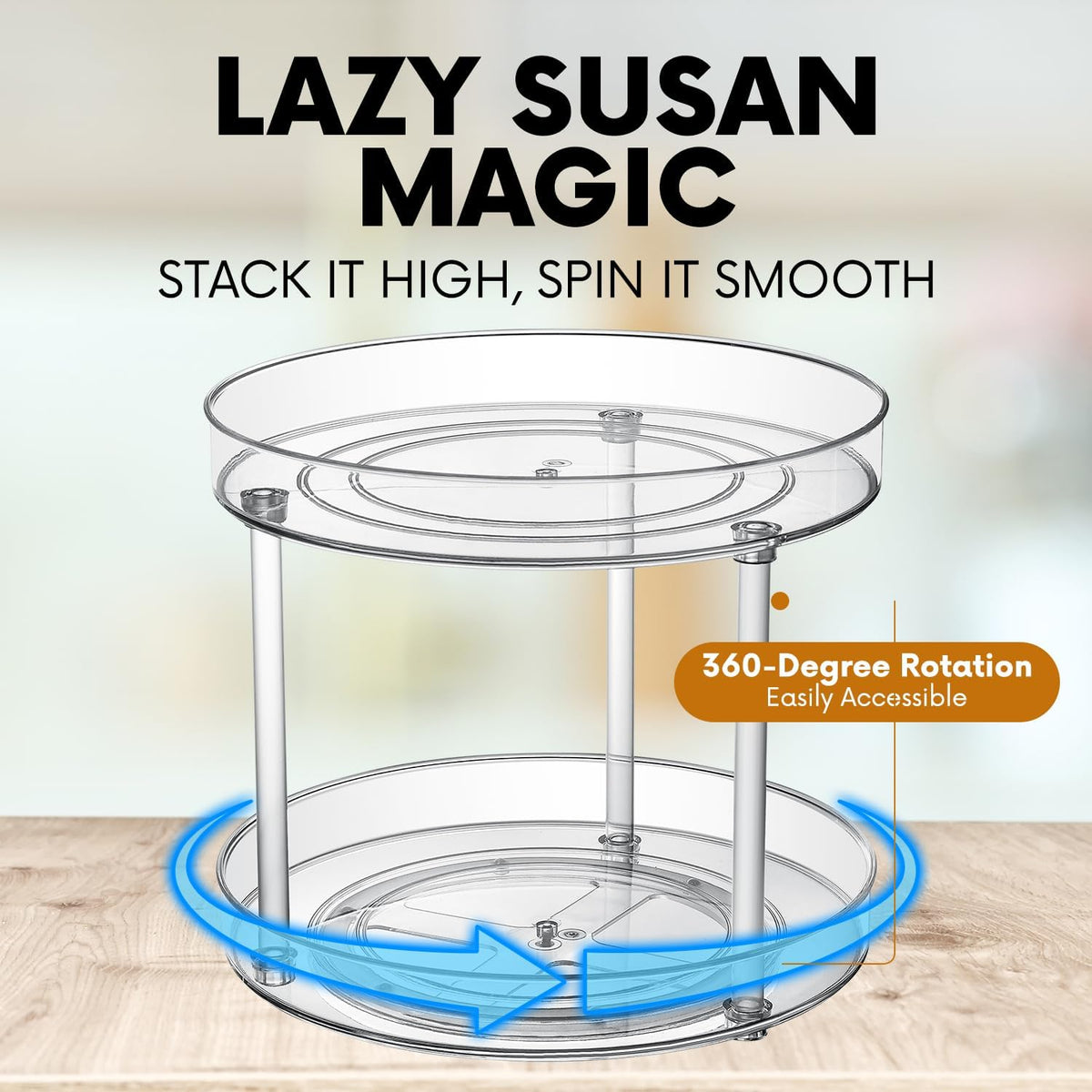 Clear Lazy Susan Organizer, Spice Rack Kitchen Cabinet Turntable, Pantry and Fridge Rotating