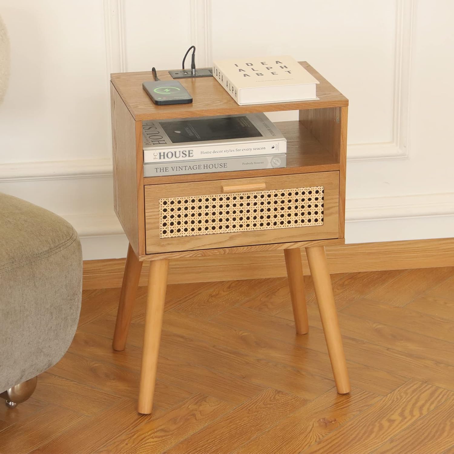 MaxSmeo Mid Century Modern Nightstand with Charging Station, Bedside Tables with Rattan Drawer
