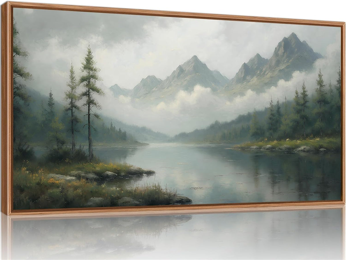SIGNINART Large Misty Mountain Framed Canvas Wall Art, Green Forest River Scenery Wall Decor