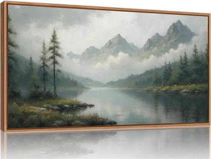 SIGNINART Large Misty Mountain Framed Canvas Wall Art, Green Forest River Scenery Wall Decor