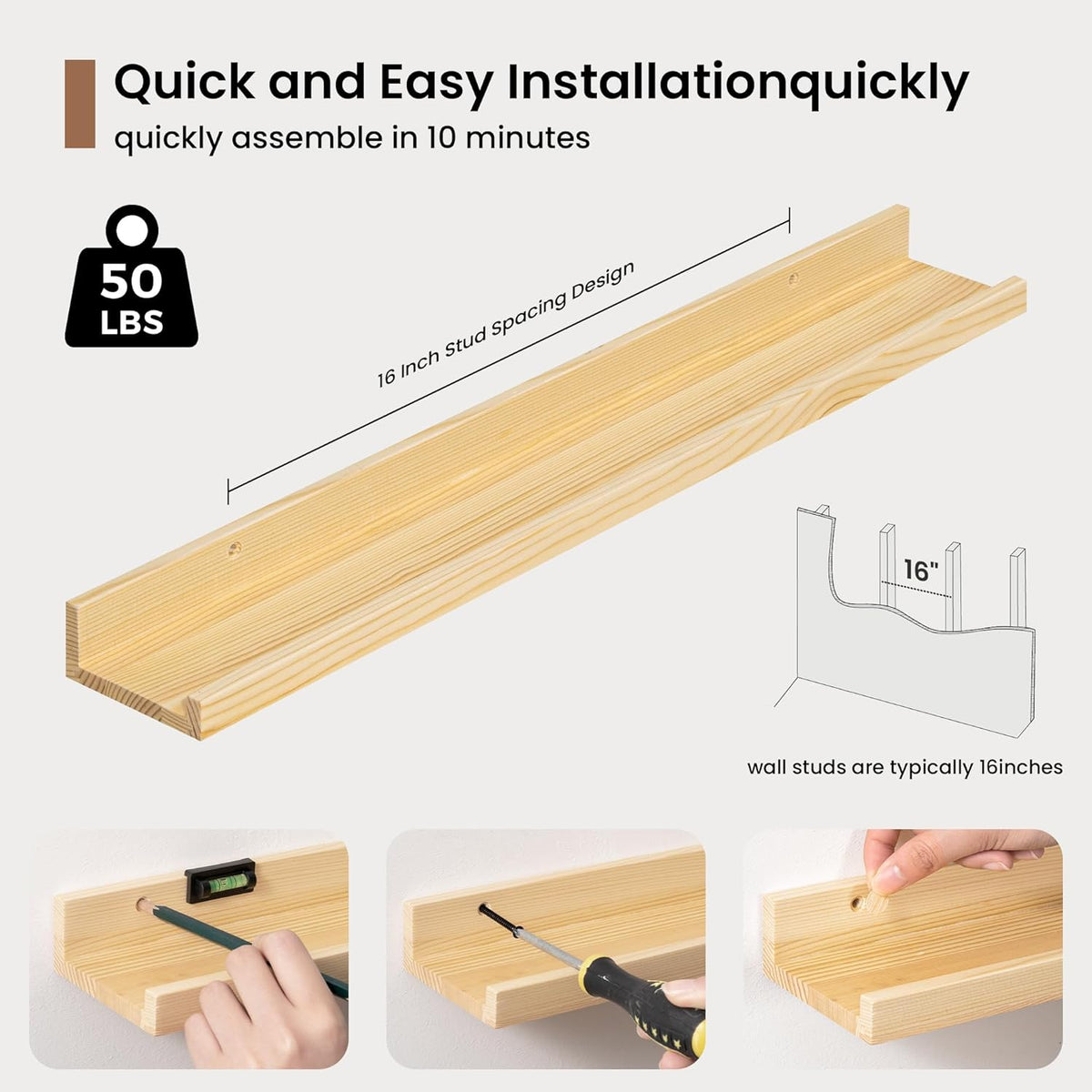 Picture Ledge Shelf, Solid Pine Wood Floating Shelves Set of 2, 24 Inches Nursery Book Shelves for