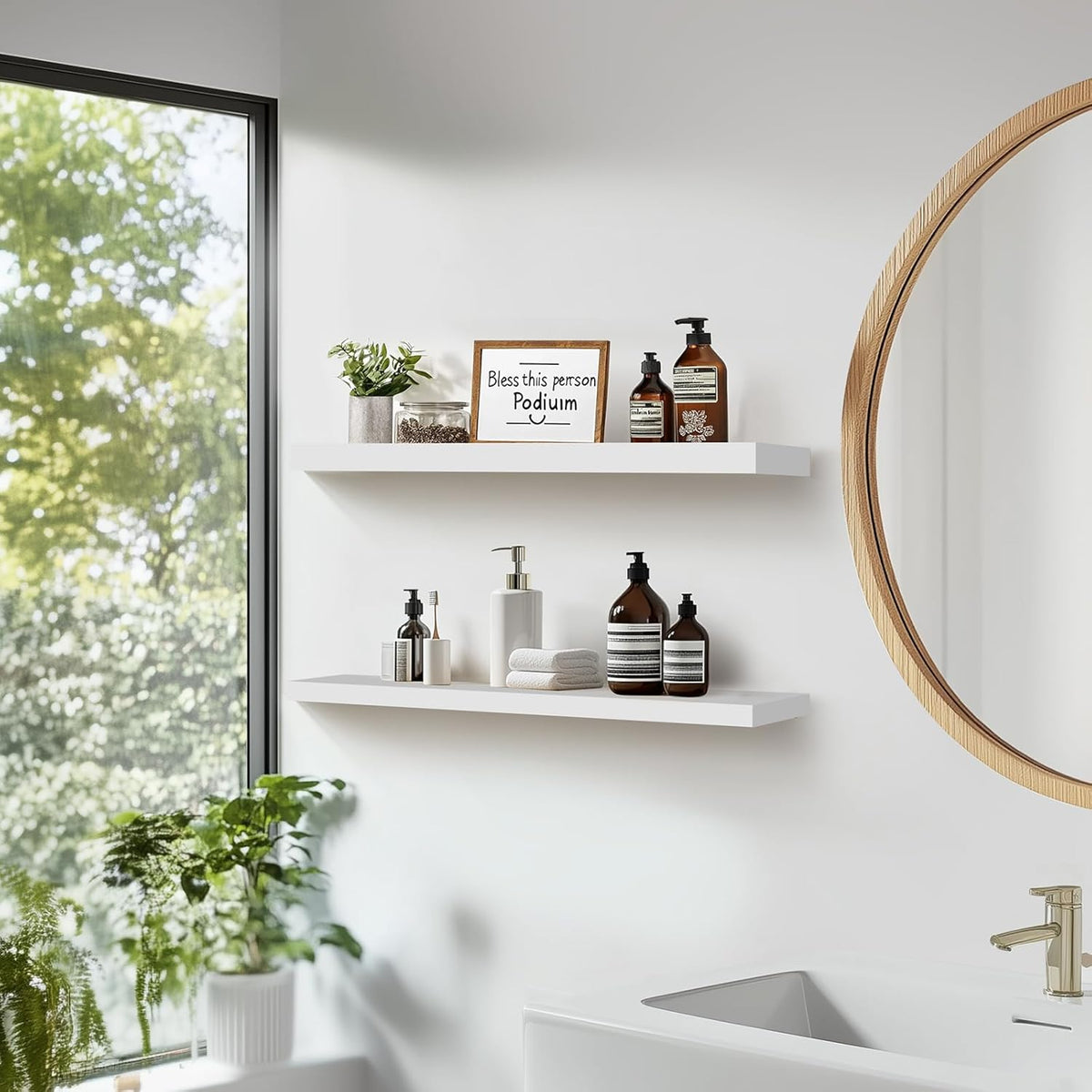 Floating Wall Shelves 2-Pack - 24-Inch Rustic White Wooden Shelves for Storage and Décor, Easy