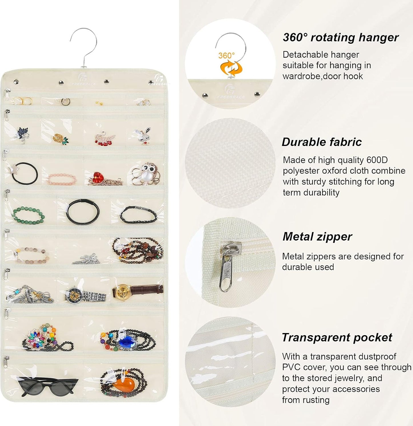 Freegrace Hanging Jewelry Organizer Revolving Hanger - Secure Zipper Closure - 50 Pockets