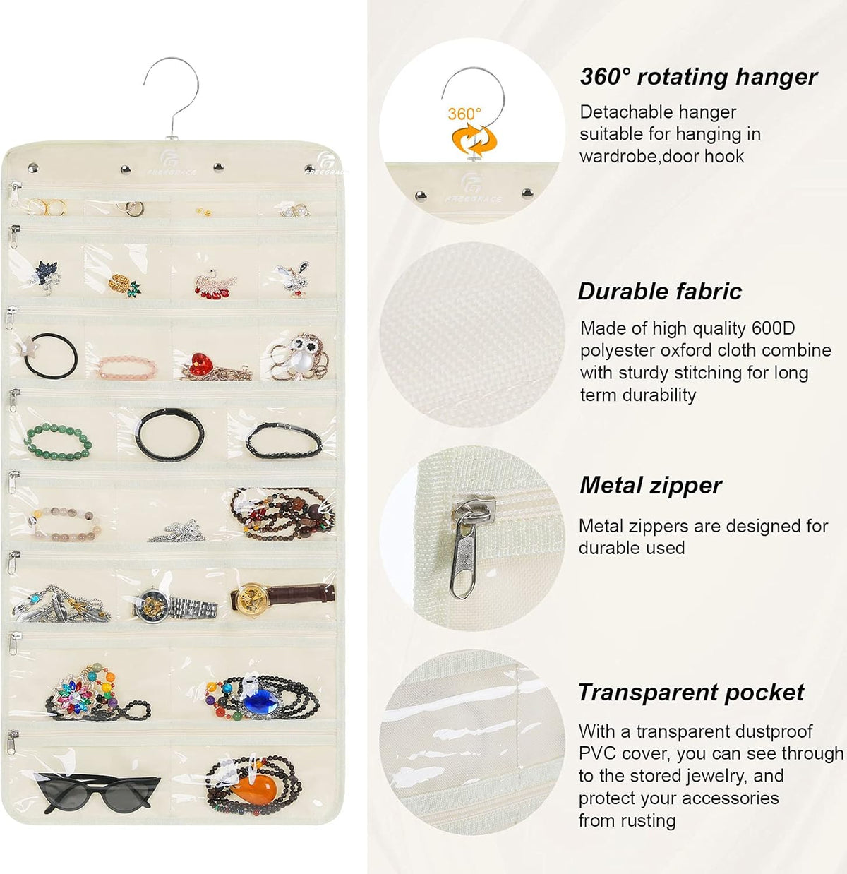 Freegrace Hanging Jewelry Organizer Revolving Hanger - Secure Zipper Closure - 50 Pockets