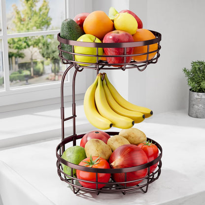 Fruit Basket for Kitchen Counter - 2-Tier Large Capacity Fruit Bowl with Detachable Banana Hanger