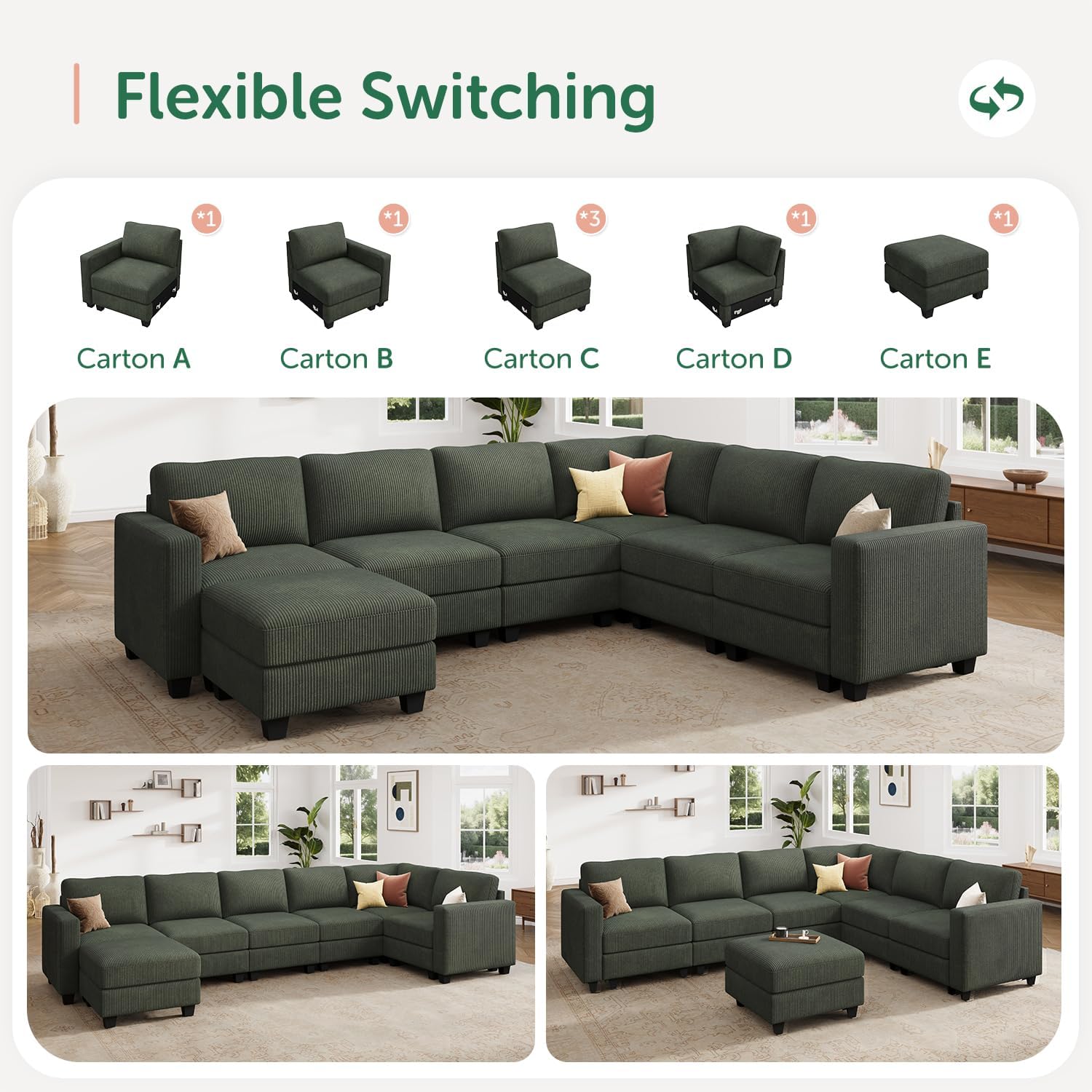 HONBAY Corduroy Sectional Sofa with Storage, U Shape Modular Sectional Sofa with Chaise, Modular