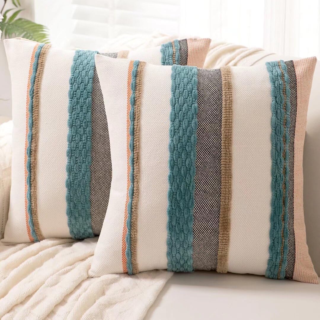 Boho Throw Pillow Covers 18x18 Set of 2 Farmhouse Decorative Cushion Case Striped Square Pillows