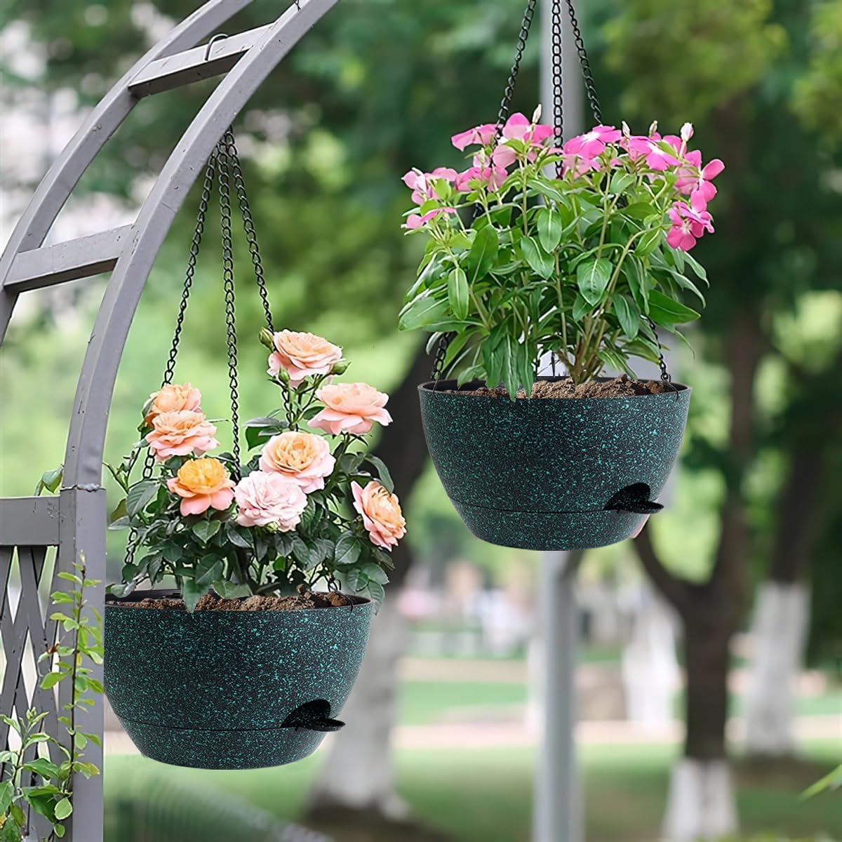 12 Inch Hanging Baskets 2 PC with Chains, Self-Watering Hanging Planters for Indoor Outdoor Plants