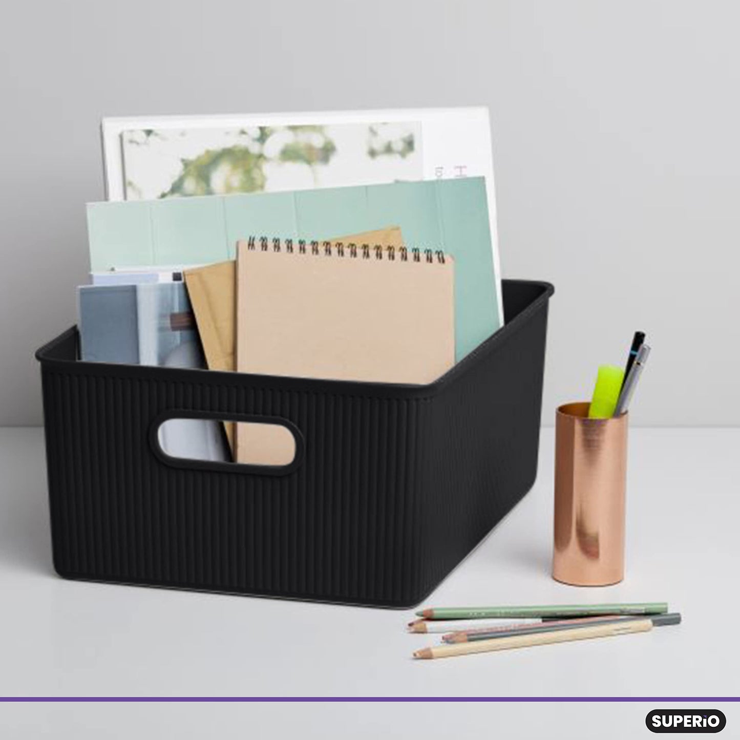 Superio Ribbed Collection - Decorative Plastic Basket Open Home Storage Bins Organizer, Large Brown
