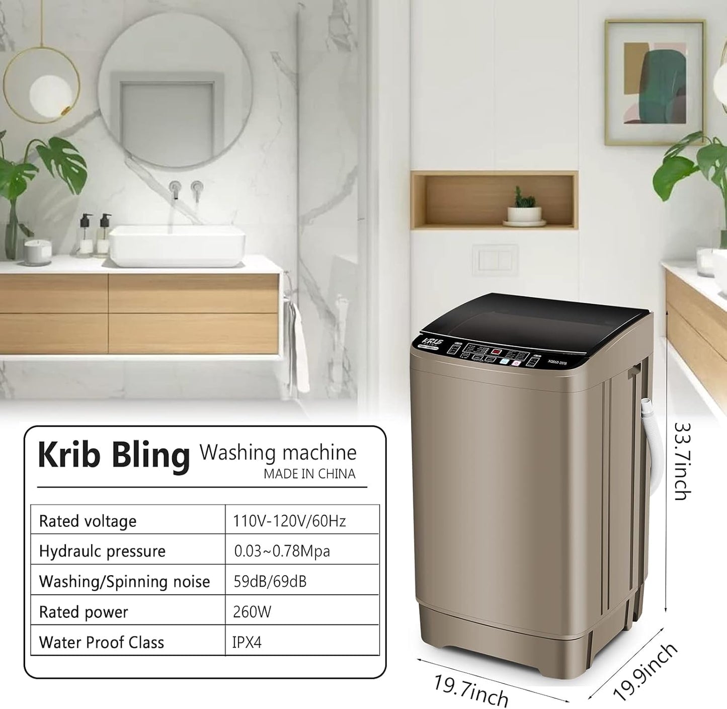 Full Automatic Washing Machine with LED Display, 17.7 lbs Portable Washer Drain Pump, 10 Programs &