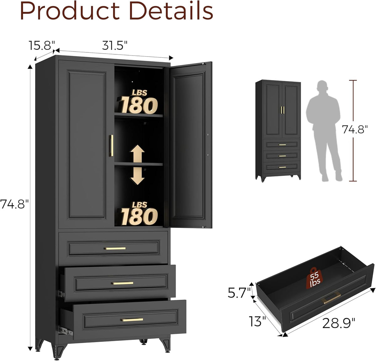75" Kitchen Pantry Cabinet, Metal Storage Cabinets with Doors and Adjustable Shelves, Black Tall