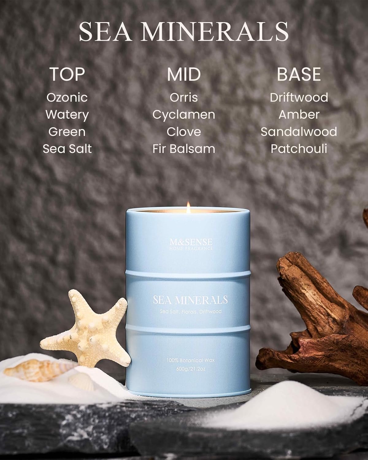 M&SENSE Sea Minerals Scented Candles Ocean Large, Natural Soy Candles 21.2oz 120 Hour Slow