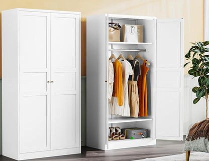 Metal Wardrobe Cabinet with Hanging Rod,White Armoire Wardrobe Closet,Metal Clothing Storage
