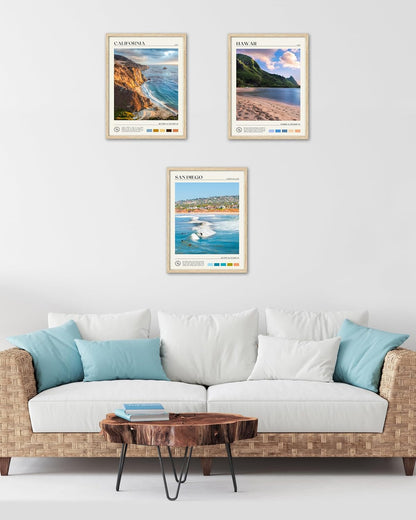 HesenDot Natural OAK Wood San Diego Surfing Framed Wall Art,12x16in Natural Seascape Canvas Wall