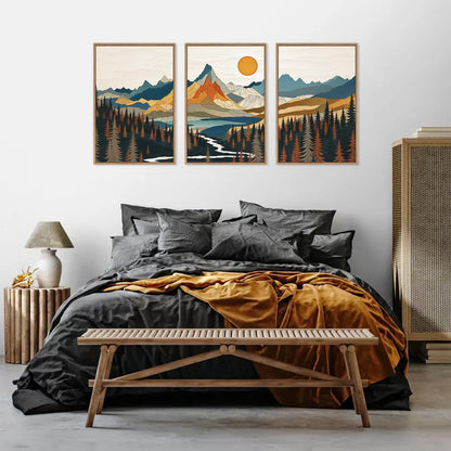 HLNIUC Large Sunset Mountain Framed Wall Art,Boho Forest Pine Tree Canvas Wall Decor Set of