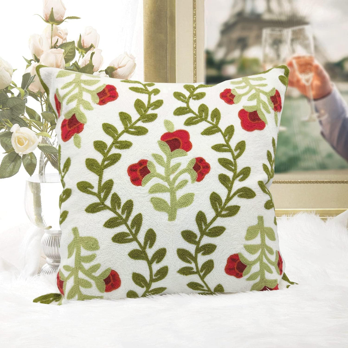 Alysheer Floral Embroidered Summer Decorative Throw Pillow Cover 18"x 18", Farmhouse Cottage Red