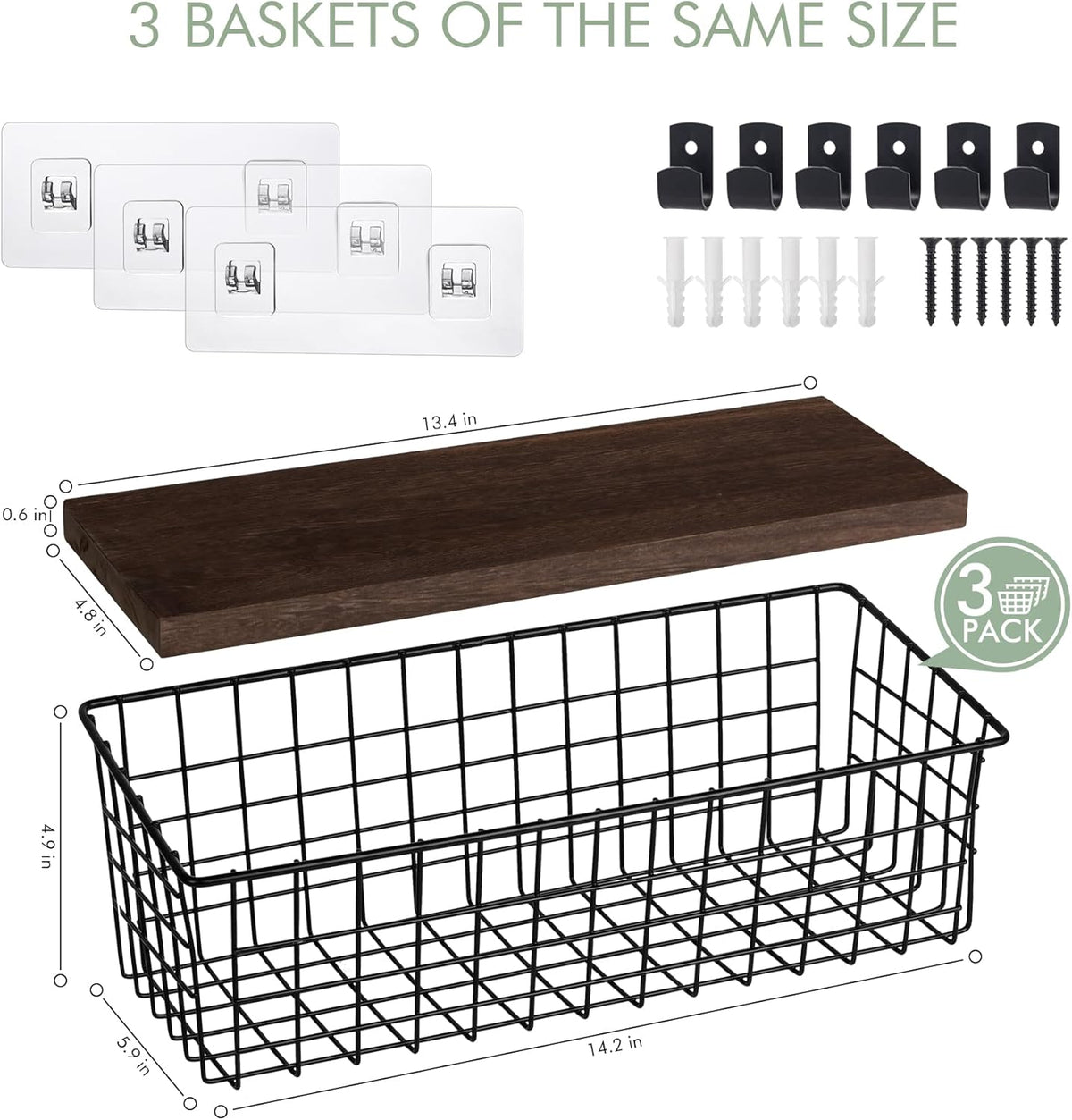 Wall Hanging Baskets 3 Pack, Extra Large Diversified Wire Basket Shelves of Wooden Style, with Wall