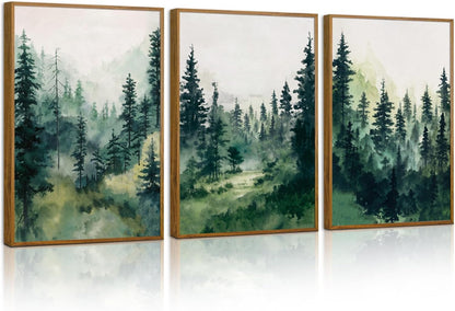 Tinonedraw Watercolor Forest Framed Canvas Wall Art Set, Modern Pine Tree Wall Painting, Nature
