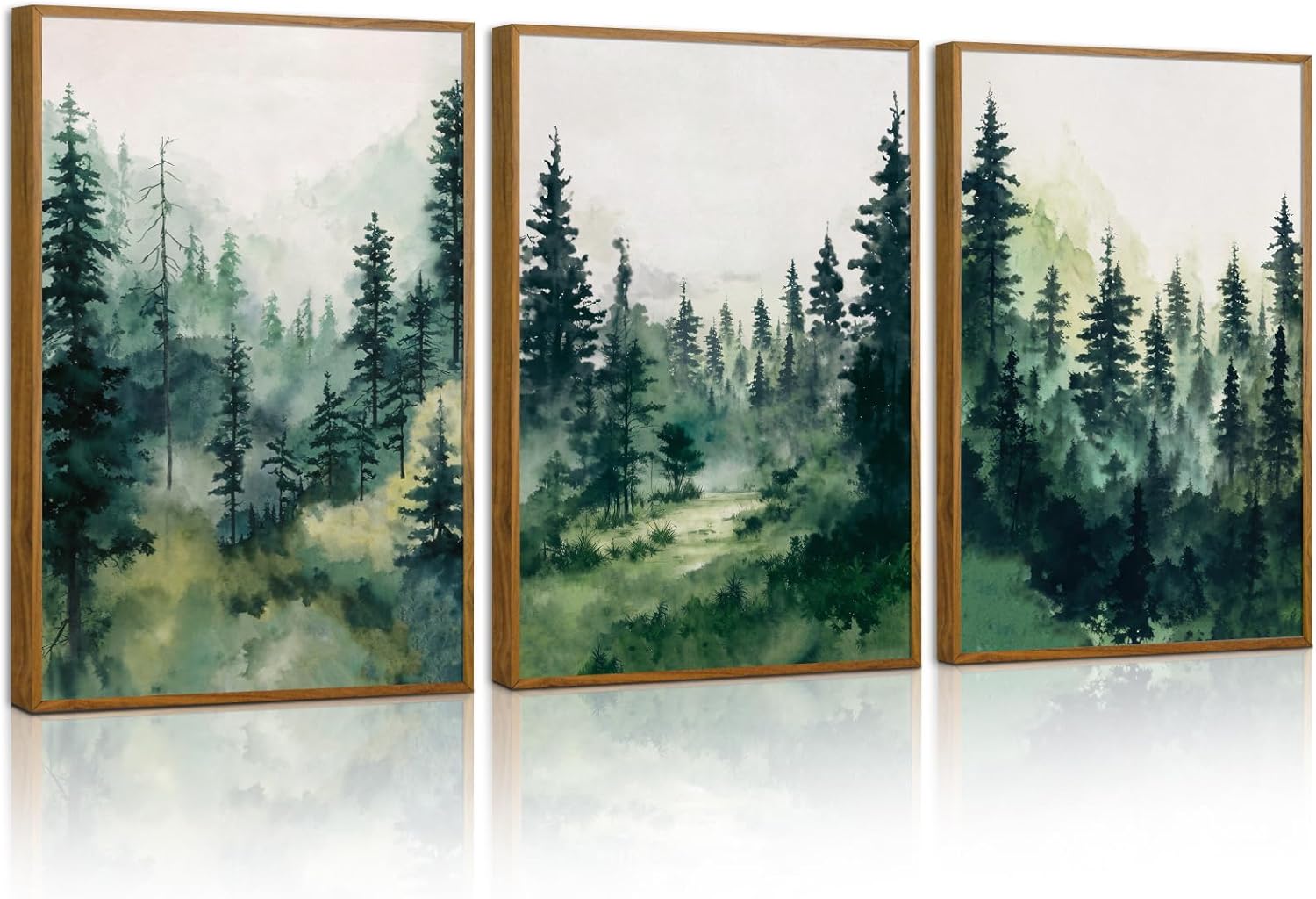 Tinonedraw Misty Forest Framed Canvas Wall Art Set, Modern Pine Trees Wall Painting, Watercolor
