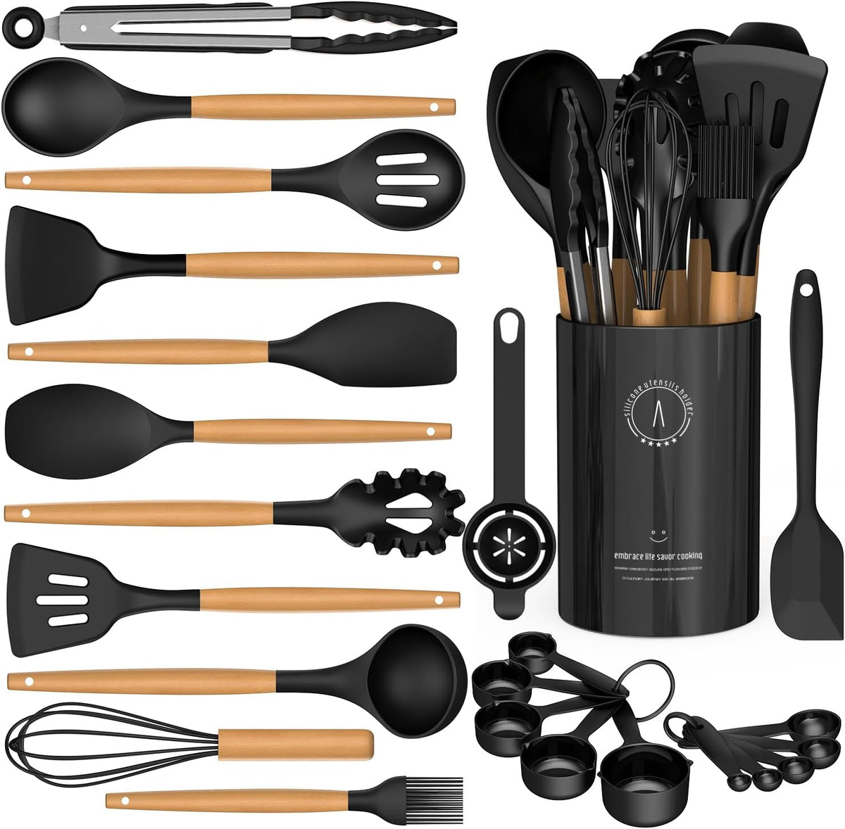 Silicone Cooking Utensils Set - Silicone Kitchen Utensils for Cooking Wooden Handles, 446°F Heat